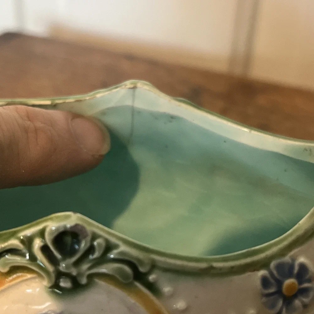 Antique Green/Lavender Majolica Art Nouveau Jardinière Floral 6” x 3” ~Hairline